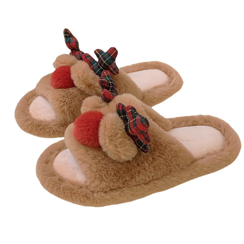 Indoor Cute One-word Cotton Slippers Autumn Women's Cartoon Fluffy Slippers