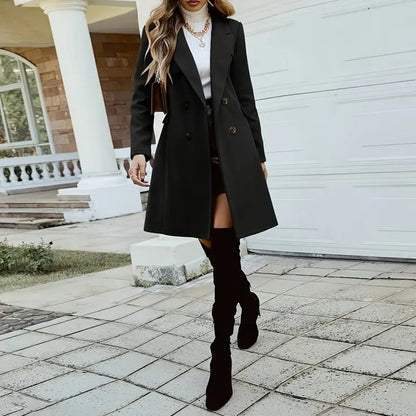 Women's Solid Color Double-Breasted Wool-Like Coat Notch Lapel Long Sleeve Mid-Length Overcoat With Pockets