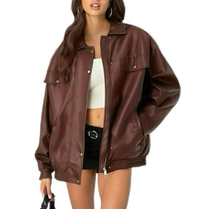 Women's Leather Jacket Loose Long Sleeve Lapel Motorcycle Jacket