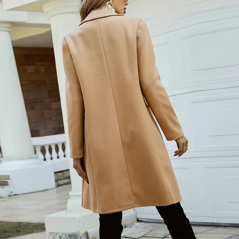 Women's Solid Color Double-Breasted Wool-Like Coat Notch Lapel Long Sleeve Mid-Length Overcoat With Pockets