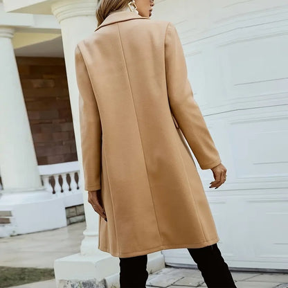Women's Solid Color Double-Breasted Wool-Like Coat Notch Lapel Long Sleeve Mid-Length Overcoat With Pockets