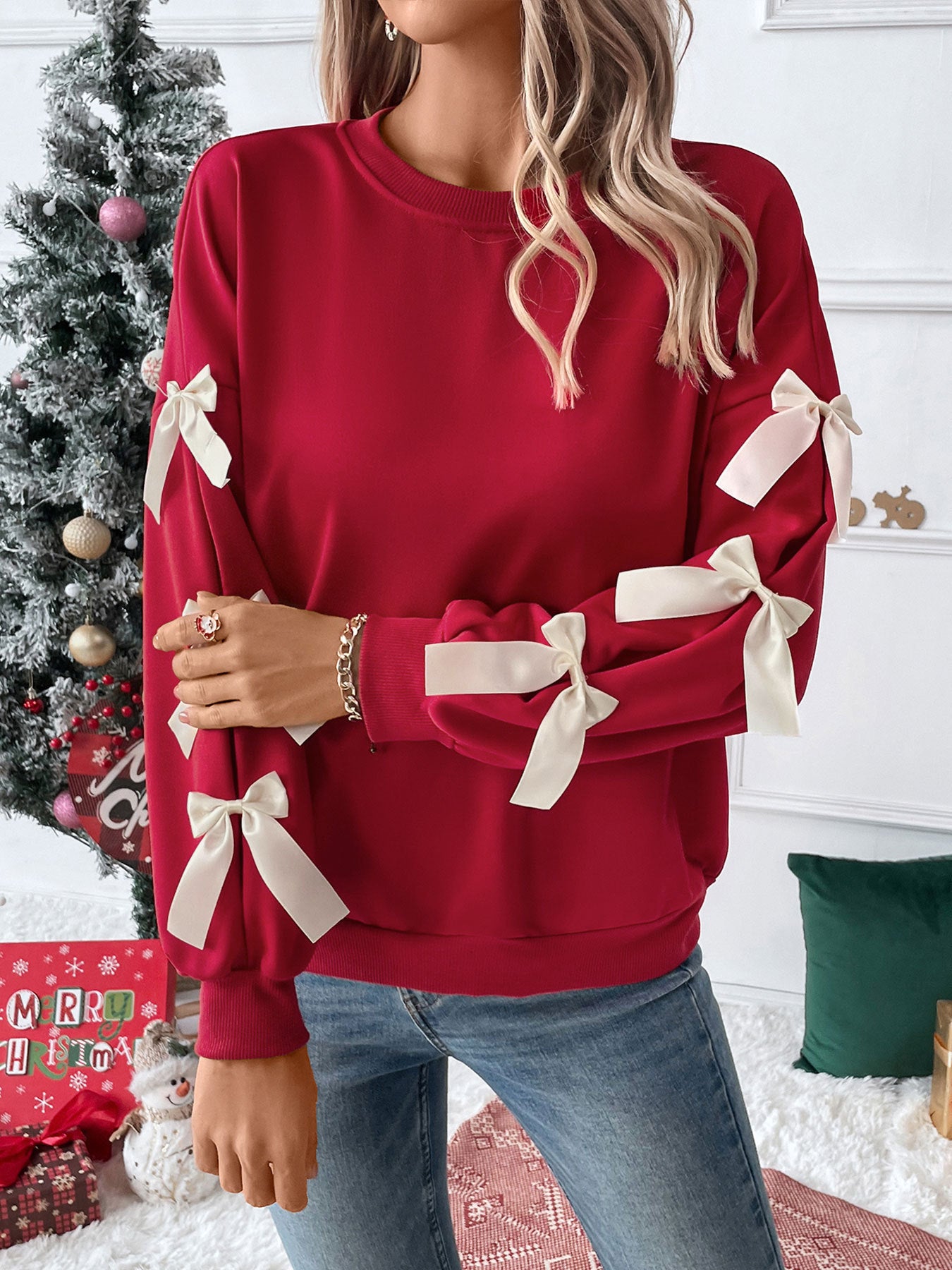 Hemp Bundle Pocket Round Neck Bow Red Christmas Sweater Girl