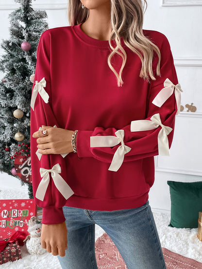 Hemp Bundle Pocket Round Neck Bow Red Christmas Sweater Girl