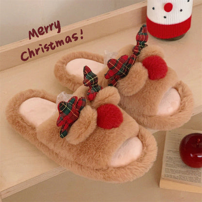 Indoor Cute One-word Cotton Slippers Autumn Women's Cartoon Fluffy Slippers