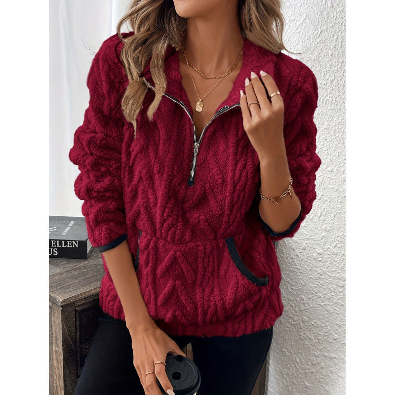 Contrast Color Half-open Collar Plush Women's Sweater