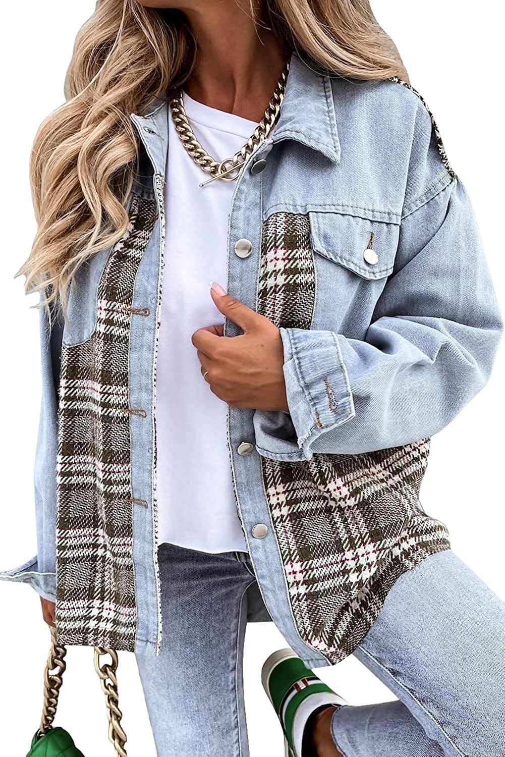 Denim Jacket Long Sleeve Plaid Button Down Shirt