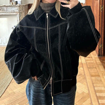 Loose Fashion Lapel Zip-up Jacket Cool Long Sleeve Zipper Closure Moto Biker Leather Jacket Womens Clothing