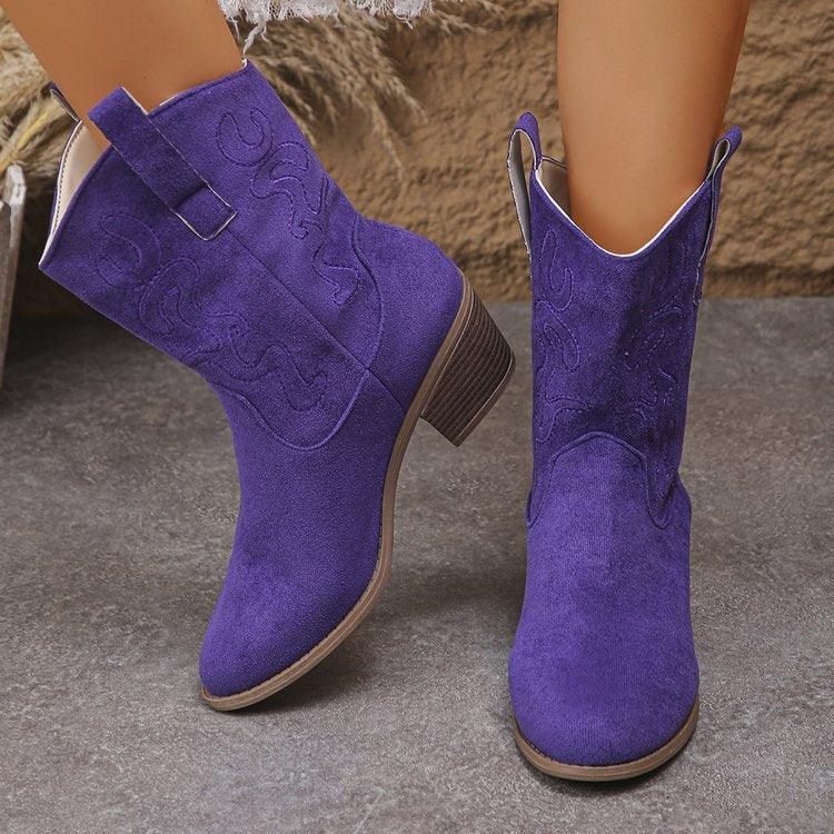 Plus Size Square Heel Round Head V Cut Women's Mid Boots