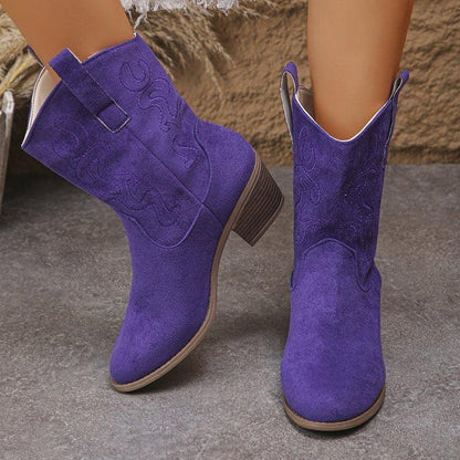 Plus Size Square Heel Round Head V Cut Women's Mid Boots