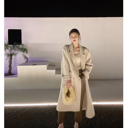 Oatmeal Double-breasted Wool Coat Women's Midi