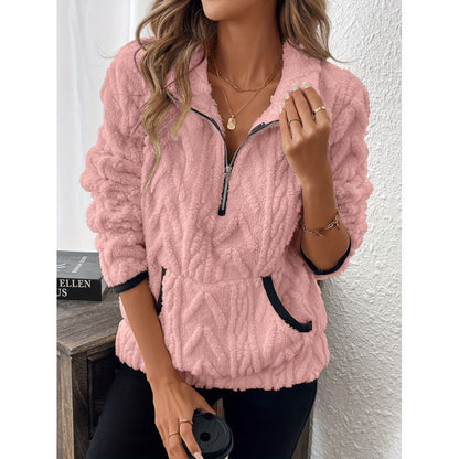 Contrast Color Half-open Collar Plush Women's Sweater