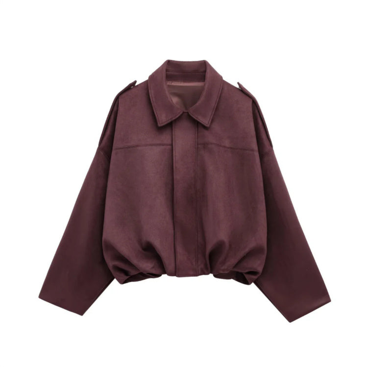 Women's Batwing Sleeve Lapel Suede Texture Effect Pilot Jacket