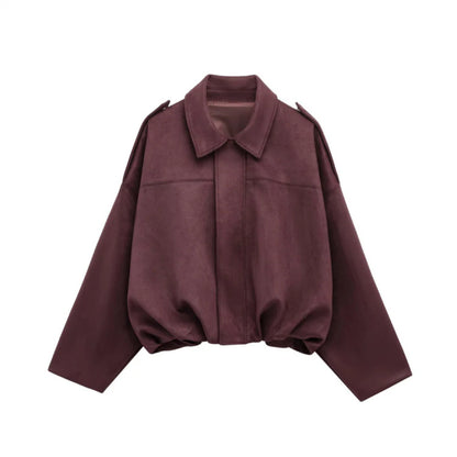 Women's Batwing Sleeve Lapel Suede Texture Effect Pilot Jacket